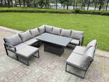Fimous 9 Pieces Aluminium Garden Furniture Set with Cushions, Patio Furniture Set with Adjustable Rising Lifting Dining Table Big Footstool Dark Grey