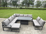Fimous 9 Pieces Aluminium Garden Furniture Set with Cushions, Patio Furniture Set with Adjustable Rising Lifting Dining Table Big Footstool Dark Grey