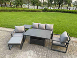 Fimous 6-Piece Aluminium Garden Furniture Sets 6 Seater Outdoor Sofa Set with Adjustable Rising Lifting Dining Table 2 Chairs Big Footstool Side Table