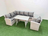 Fimous Garden Outdoor Rattan Furniture Set Rattan Corner Sofa Oblong Dining Table with Armchair Light Grey Mixed 7 Seater