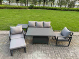 Fimous 6-Piece Aluminium Garden Furniture Sets 6 Seater Outdoor Sofa Set with Adjustable Rising Lifting Dining Table 2 Chairs Big Footstool Side Table