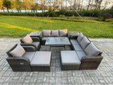 Fimous Outdoor Lounge Sofa Set Wicker PE Rattan Garden Furniture Set with Rectangular Dining Table 2 Side Tables 2 Big Footstool Dark Grey Mixed