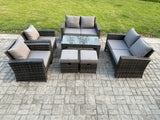 Fimous 8 Seater Dark Grey Mixed High Back Rattan Sofa Set Coffee Table Garden Furniture Outdoor Patio With Love Sofa Arm Chairs 2 Small Footstools