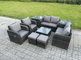 Fimous Garden Furniture Set Rattan Outdoor Lounge Sofa Chair With Tempered Glass Table 2 Small Footstools 2 Side Tables Dark Grey Mixed
