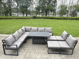 Fimous 10 Pieces Aluminium Garden Furniture Set with Cushions, Patio Furniture Set with Adjustable Rising Lifting Dining Table 2 Big Footstools Dark Grey