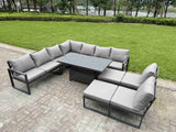 Fimous 10 Pieces Aluminium Garden Furniture Set with Cushions, Patio Furniture Set with Adjustable Rising Lifting Dining Table 2 Big Footstools Dark Grey