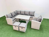Fimous Garden Outdoor Rattan Furniture Set Rattan Corner Sofa Oblong Dining Table with Armchair Light Grey Mixed 9 Seater