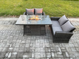 Fimous 3 Pieces Garden Furniture Sets Poly Rattan Outdoor Patio Gas Firepit Dining Table Sofa Set for Garden Backyard Dark Grey Mixed