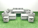 Fimous Rattan Garden Furniture Dining Set 12 Seater Lounge Sofa Chair Dining Table Set with 4 Footstools 2 Side Tables Light Grey Mixed