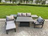 Fimous 7-Piece Aluminium Garden Furniture Sets 6 Seater Outdoor Sofa Set with Adjustable Rising Lifting Dining Table 2 Chairs Big Footstool 2 Side Tables