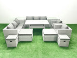 Fimous Rattan Garden Furniture Dining Set 12 Seater Lounge Sofa Chair Dining Table Set with 4 Footstools 2 Side Tables Light Grey Mixed