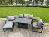Fimous 7-Piece Aluminium Garden Furniture Sets 6 Seater Outdoor Sofa Set with Adjustable Rising Lifting Dining Table 2 Chairs Big Footstool 2 Side Tables