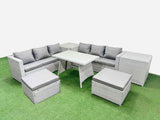 Fimous Rattan Garden Furniture Dining Set 8 seater Patio Rectangular Table 3 Seater Sofa Set with 2 Side Tables 2 Big Stools Light Grey