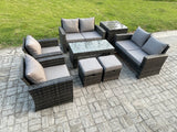 Fimous 8 Seater Dark Grey Mixed High Back Rattan Sofa Set Coffee Table Garden Furniture Outdoor Patio With Love Sofa Arm Chairs Side Table 2 Small Footstools