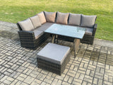 Fimous Outdoor Furniture Garden Dining Set Rattan Corner Sofa Set with Rectangular Dining Table Big Footstool Dark Grey Mixed