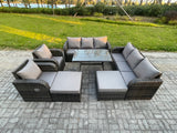 Fimous Rattan Garden Furniture Dining Set 10 seater Patio Rectangular Table 2 Big Footstool Dark Grey Mixed