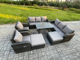 Fimous Rattan Garden Furniture Dining Set 10 seater Patio Rectangular Table 2 Big Footstool Dark Grey Mixed