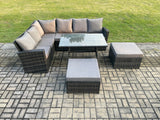 Fimous High Back Outdoor Garden Furniture Set Rattan Corner Sofa Dining Table Set With 2 Big Footstool 8 Seater Dark Grey Mixed