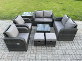 Fimous 8 Seater Rattan Sofa Set Outdoor Garden Furniture Set with Square Coffee Table Loveseat Sofa Reclining Chairs Side Table 2 Small Footstools Dark Grey Mixed