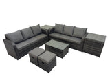 Fimous Outdoor 3 Seater Sofa Coffee Table Set Garden Rattan Furniture Set 8 Seater with 2 Small Stools 2 Side Tables Dark Grey