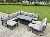 Fimous 11 Pieces Aluminium Garden Furniture Set with Cushions, Patio Furniture Set with Adjustable Rising Lifting Dining Table 3 Footstools Dark Grey