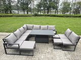 Fimous 11 Pieces Aluminium Garden Furniture Set with Cushions, Patio Furniture Set with Adjustable Rising Lifting Dining Table 3 Footstools Dark Grey