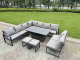 Fimous 10 Pieces Aluminium Garden Furniture Set with Cushions, Patio Furniture Set with Adjustable Rising Lifting Dining Table 2 Small Footstools Dark Grey