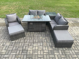 Fimous Outdoor Sofa Rattan Garden Furniture Set Patio Gas Fire Pit Dining Table and Reclining Chair set with Side Tables 2 Big Footstool Dark Grey Mixed