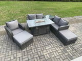 Fimous Outdoor Sofa Rattan Garden Furniture Set Patio Gas Fire Pit Dining Table and Reclining Chair set with Side Tables 2 Big Footstool Dark Grey Mixed