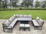 Fimous 10 Pieces Aluminium Garden Furniture Set with Cushions, Patio Furniture Set with Adjustable Rising Lifting Dining Table 2 Small Footstools Dark Grey