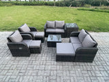 Fimous Garden Furniture Set Rattan Outdoor Lounge Sofa Chair With Tempered Glass Table 3 Footstools Side Table Dark Grey Mixed
