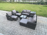 Fimous Garden Furniture Set Rattan Outdoor Lounge Sofa Chair With Tempered Glass Table 3 Footstools Side Table Dark Grey Mixed