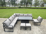 Fimous 9 Pieces Aluminium Garden Furniture Set with Cushions, Patio Furniture Set with Adjustable Rising Lifting Dining Table 2 Small Footstools Dark Grey