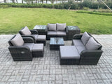 Fimous Garden Furniture Set Rattan Outdoor Lounge Sofa Chair With Tempered Glass Table 3 Footstools 2 Side Tables Dark Grey Mixed