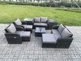 Fimous Garden Furniture Set Rattan Outdoor Lounge Sofa Chair With Tempered Glass Table 3 Footstools 2 Side Tables Dark Grey Mixed