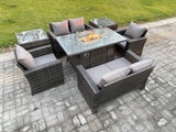 Fimous Wicker PE Rattan Garden Furniture Sets Patio Outdoor Gas Firepit Dining Table Heater Set with Double Seat Sofa 2 Side Tables Dark Grey Mixed