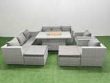 Fimous 10 Seat PE Rattan Lounge Sofa Set Outdoor Garden Furniture Set with Firepit Dining Table 3 Seater Sofa 2 Big Footstool Light Grey