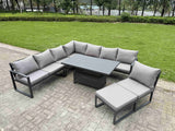 Fimous 8 Pieces Aluminium Garden Furniture Set with Cushions, Patio Furniture Set with Adjustable Rising Lifting Dining Table Big Footstool Dark Grey