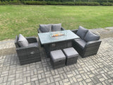 Fimous Rattan Garden Furniture Set with Gas Fire Pit Dining Table,Reclining Chair 2 Small Footstools Indoor Outdoor 6 piece Loveseat Sofa set