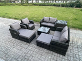 Fimous Garden Furniture Set Rattan Outdoor Lounge Sofa Chair With Tempered Glass Table 2 Big Footstool Side Table Dark Grey Mixed
