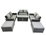Fimous Outdoor Love Sofa Set 10 Seat Rattan Garden Furniture Set with Oblong Coffee Table 4 Stools Dark Grey Mixed