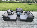 Fimous 8 Seater High Back Rattan Garden Furniture Set with Square Coffee Table 2 Big Footstool Love Sofa Reclining Chair Indoor Outdoor Patio Lounge Sofa Set Dark Grey Mixed
