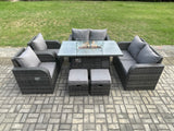 Fimous Rattan Outdoor Garden Furniture Sofa Set Gas Fire Pit Dining Table Gas Heater with Love Sofa 2 Small Footstool 8 Seater Dark Grey Mixed