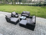 Fimous 8 Seater High Back Rattan Garden Furniture Set with Square Coffee Table 2 Big Footstool Love Sofa Reclining Chair Indoor Outdoor Patio Lounge Sofa Set Dark Grey Mixed