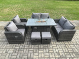 Fimous Rattan Outdoor Garden Furniture Sofa Set Gas Fire Pit Dining Table Gas Heater with Love Sofa 2 Small Footstool 8 Seater Dark Grey Mixed