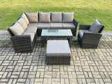 Fimous 8 Seat Rattan Garden Furniture Corner Sofa Set Outdoor Patio Sofa Chair Table Sets with Big Footstool Dark Grey Mixed