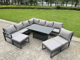 Fimous 9 Pieces Aluminium Garden Furniture Set with Cushions, Patio Furniture Set with Adjustable Rising Lifting Dining Table 2 Big Footstools Dark Grey
