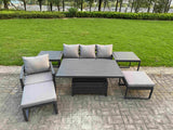 Fimous 7-Piece Aluminium Garden Furniture Sets 6 Seater Outdoor Conversational Dining Set with Adjustable Rising Lifting Dining Table 2 Side Table