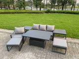 Fimous 7-Piece Aluminium Garden Furniture Sets 6 Seater Outdoor Conversational Dining Set with Adjustable Rising Lifting Dining Table 2 Side Table