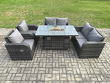 Fimous Rattan Outdoor Garden Furniture Sofa Set Gas Fire Pit Dining Table Gas Heater with Love Sofa Recling Chair 6 Seater Dark Grey Mixed